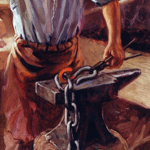 Obraz autorstwa Waltera Haskella Hintona przedstawiający Johna Deere'a pracującego w swojej kuźni.