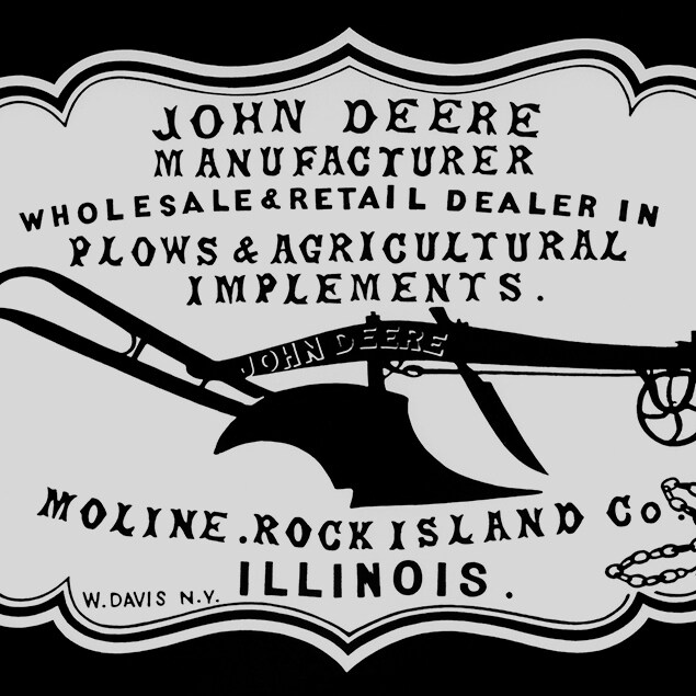 Historyczna reklama dealera z 1855 roku „John Deere — producent, sprzedawca hurtowy i detaliczny pługów i narzędzi rolniczych. Moline, Rock Island Co. Illinois”.