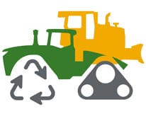 Zielono-żółta ikona przedstawiająca sprzęt gąsienicowy z trójkątem symbolizującym recykling zamiast gąsienicy.