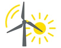 Ikona przedstawiająca turbinę wiatrową z żółtymi ikonami wiatru i słońca