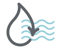 Szara ikona przedstawiająca kroplę wody ze strzałką wskazującą ikonę zrównoważonego rozwoju w celu ponownego wykorzystania i powrotu do większego źródła wody oznaczonego falami
