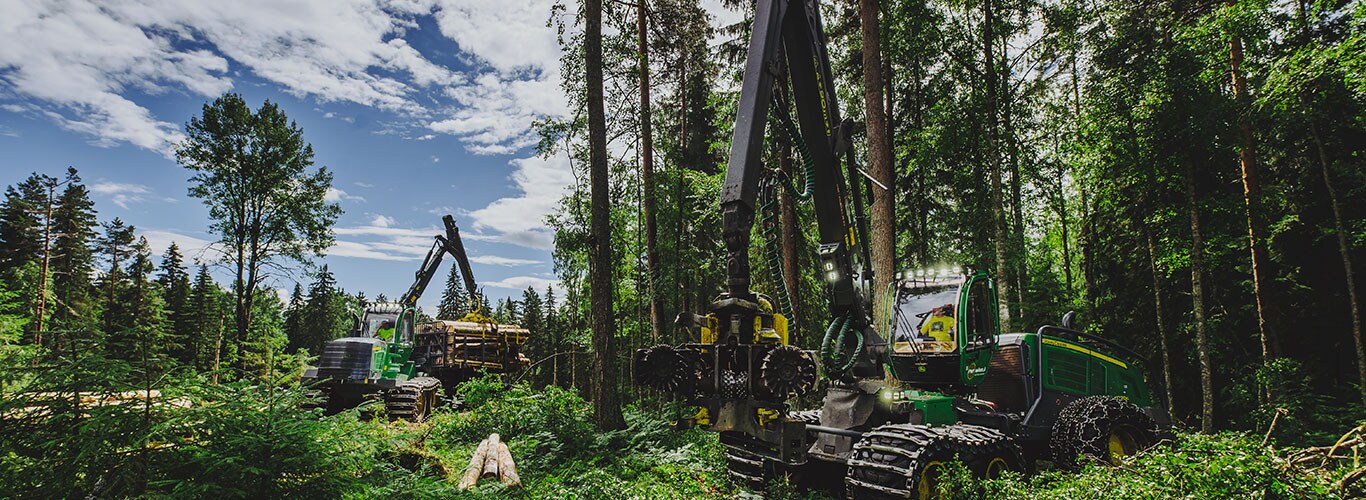 Maszyny John Deere do prac leśnych pracują w lesie