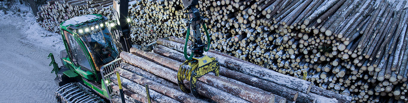John Deere 1010G forwarduje drewno w lesie